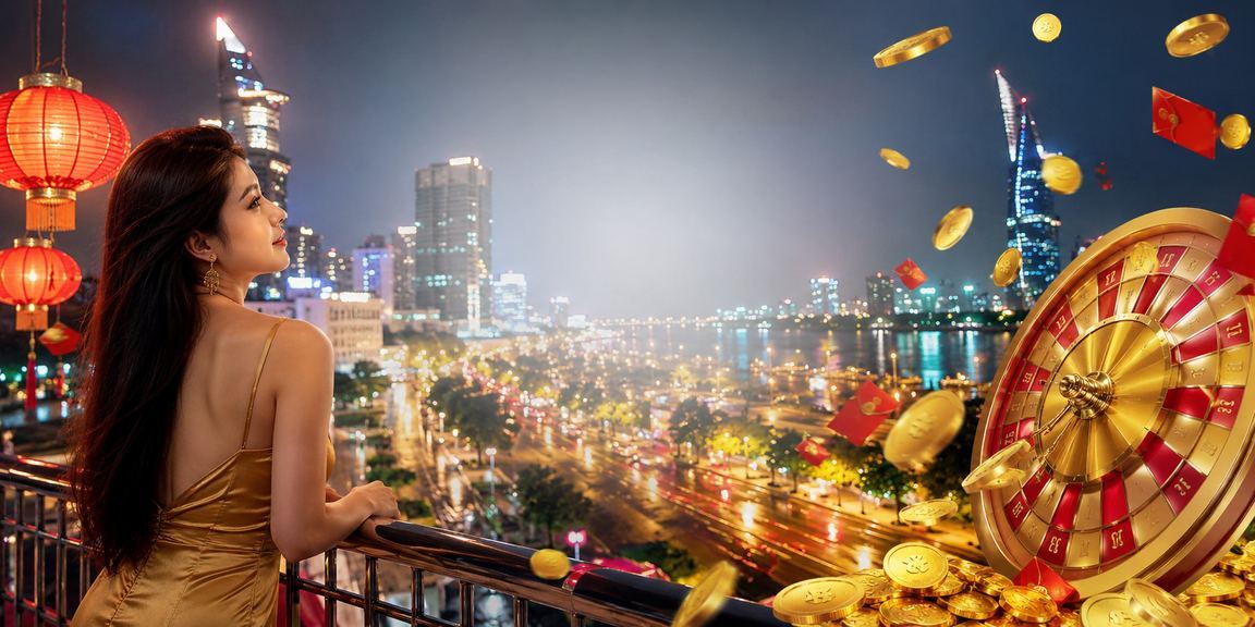 Không gian giải trí casino trực tuyến sôi động tại Thành phố Hồ Chí Minh với đèn lồng lung linh